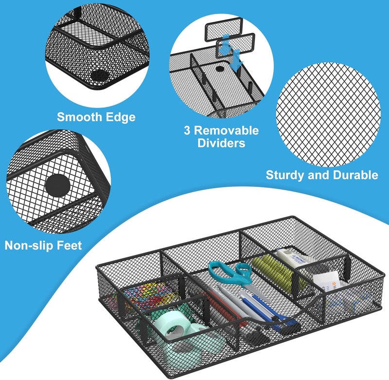 VyGrow Desk Drawer Organizer Tray, Metal Mesh Drawer Organizers Office, 6 Adjustable Compartment, Desk Organizer Tray for Home Office 12 x 8.26 x 1.96 inch, Black, 1 Pack - Image 4